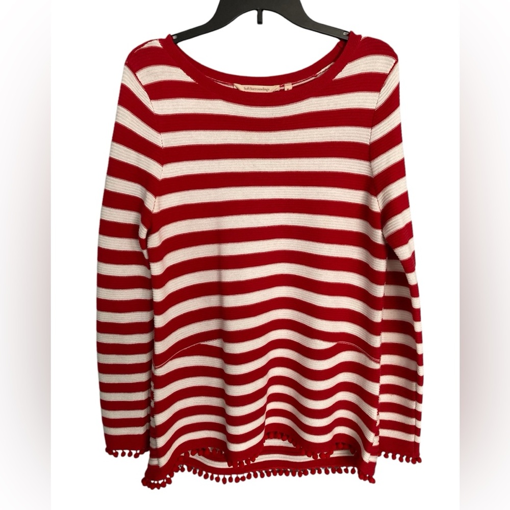 Soft Surroundings red & white long sleeve Vista Popover pom pom sweater Size M